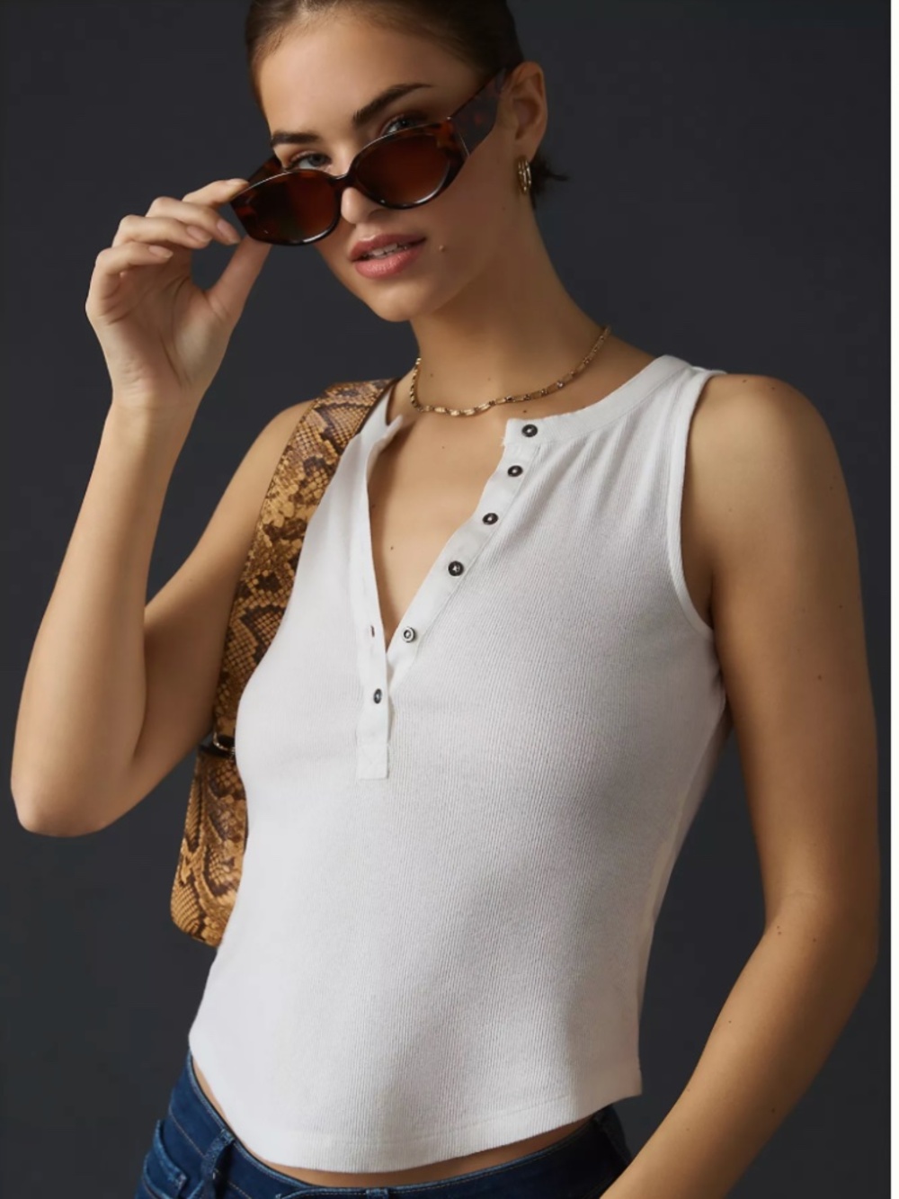 Anthropologie Andie Sleeveless Ribbed Henley Top by Pilcro White